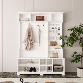 Hall Tree with Shoe Bench, Coat Rack ,Shoe Storage ,Storage Shelves and Pegboard, for Hallways, Halls and Bedrooms, White