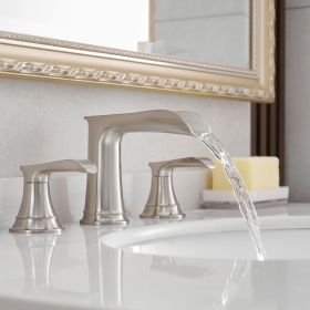 The new model is beautiful and practical Waterfall Bathroom Sink Faucet 3 Hole Dual Handle 8 Inch Bath Faucet with Plastic Perforated Drainer (Color: Brushed nickel)